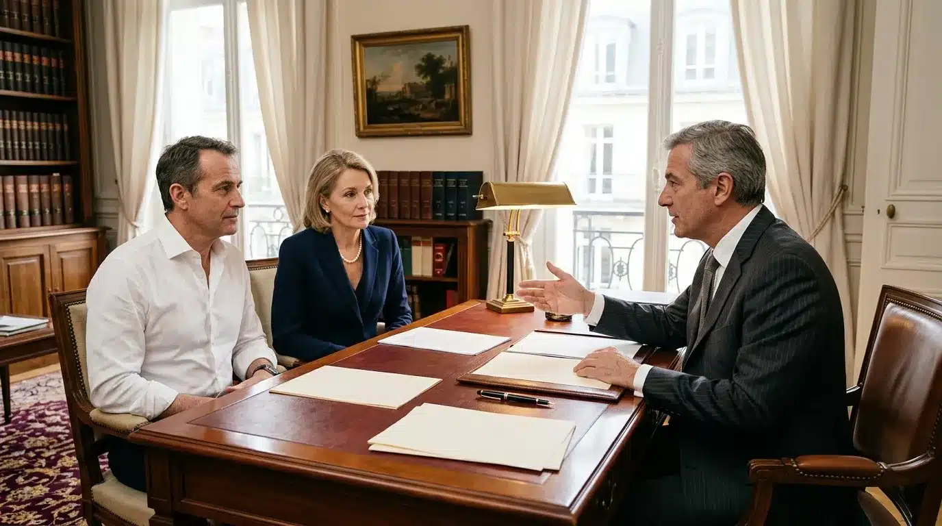 Trois personnes en discussion formelle autour d'un bureau