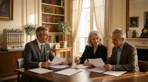 Trois personnes en discussion autour d'une table de travail avec documents
