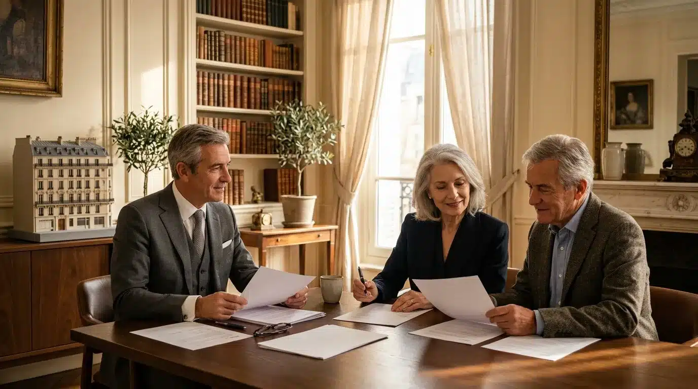 Trois personnes en discussion autour d'une table de travail avec documents