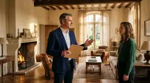 Agent immobilier présentant propriété à cliente dans salon luxueux