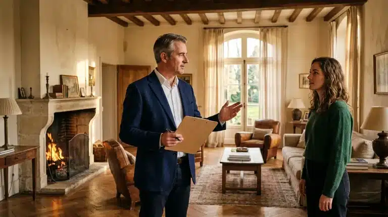 Agent immobilier présentant propriété à cliente dans salon luxueux