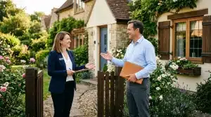 Agent immobilier et client discutent devant une maison de charme