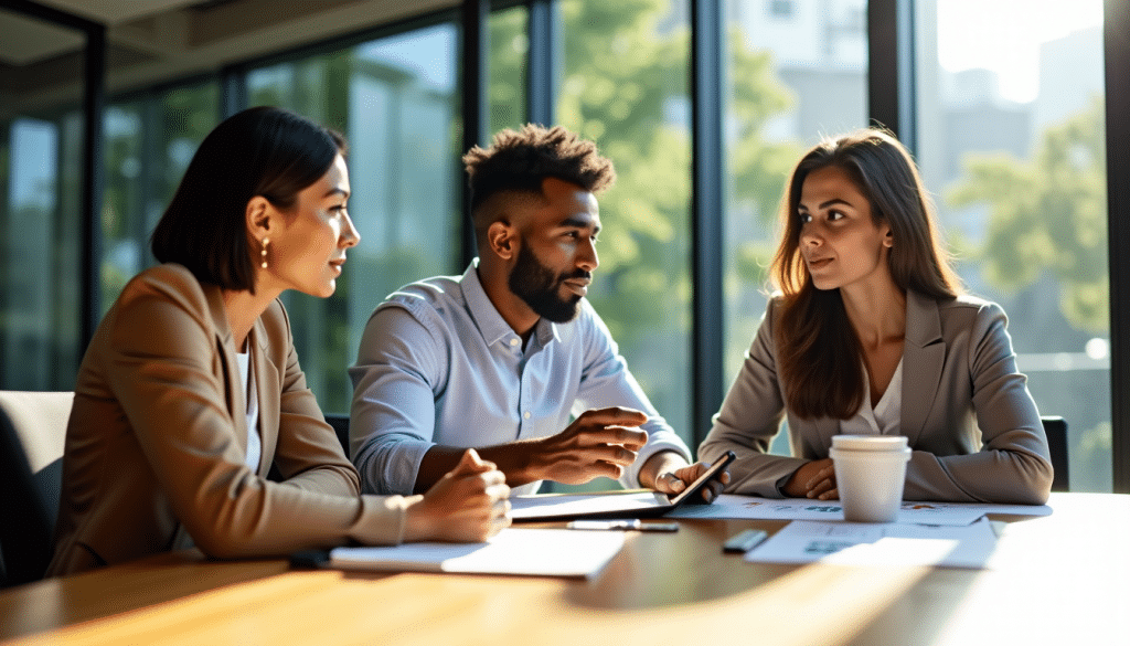 Entrepreneurs échangeant avec une investisseuse sur le financement d’une jeune pousse